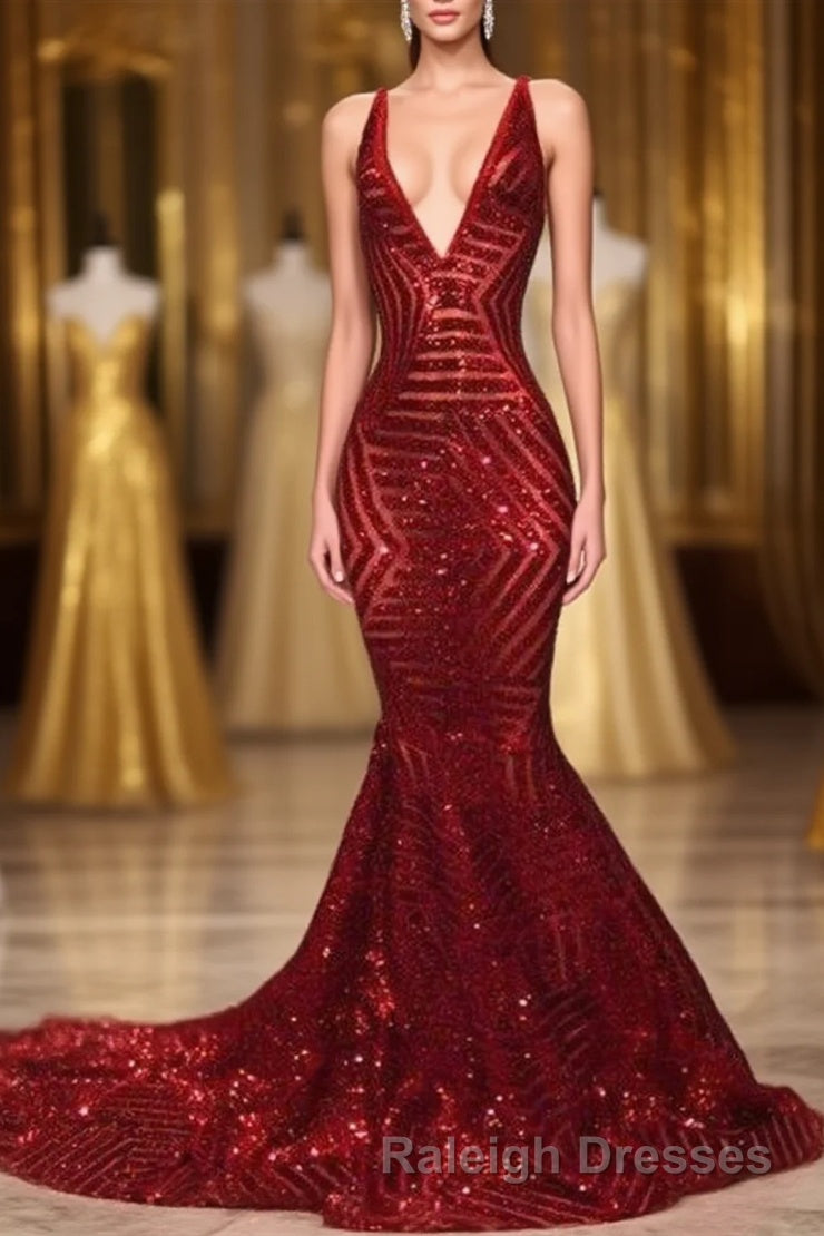 Red Sequins Shiny V-Neck Mermaid Long Prom Dresses