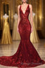 Red Sequins Shiny V-Neck Mermaid Long Prom Dresses