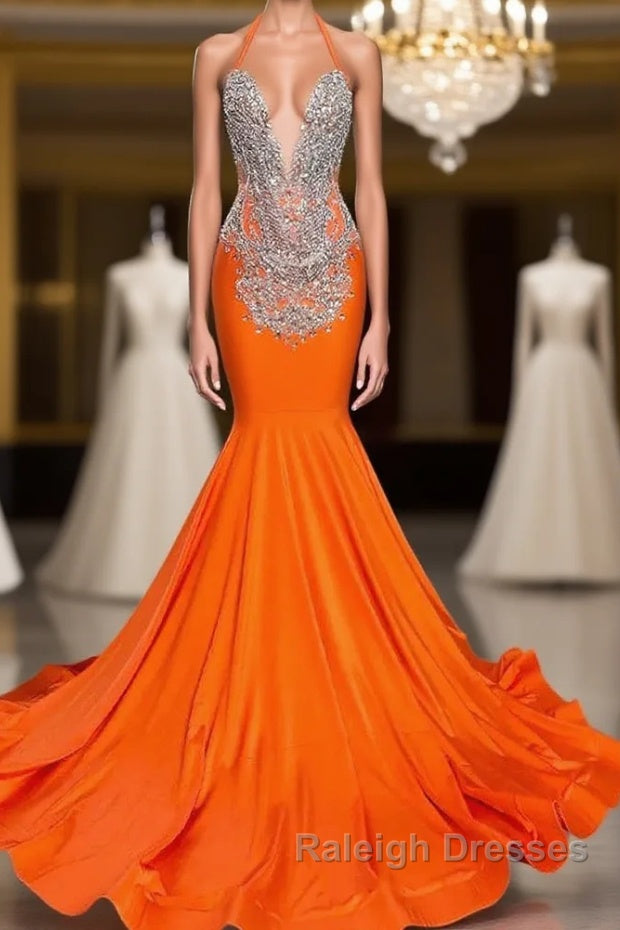 Sleeveless V-Neck Halter Mermaid Prom Dress With Beadings