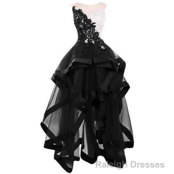 black lace appliques homecoming dresses elegant round collar sleeveless party dresses tulle high low homecoming dresses