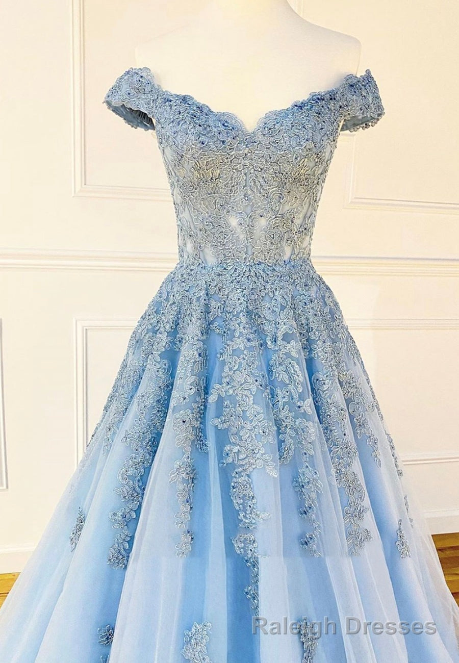Blue Lace Off the Shoulder Prom Dresses, A-Line Evening Dresses Secondary image