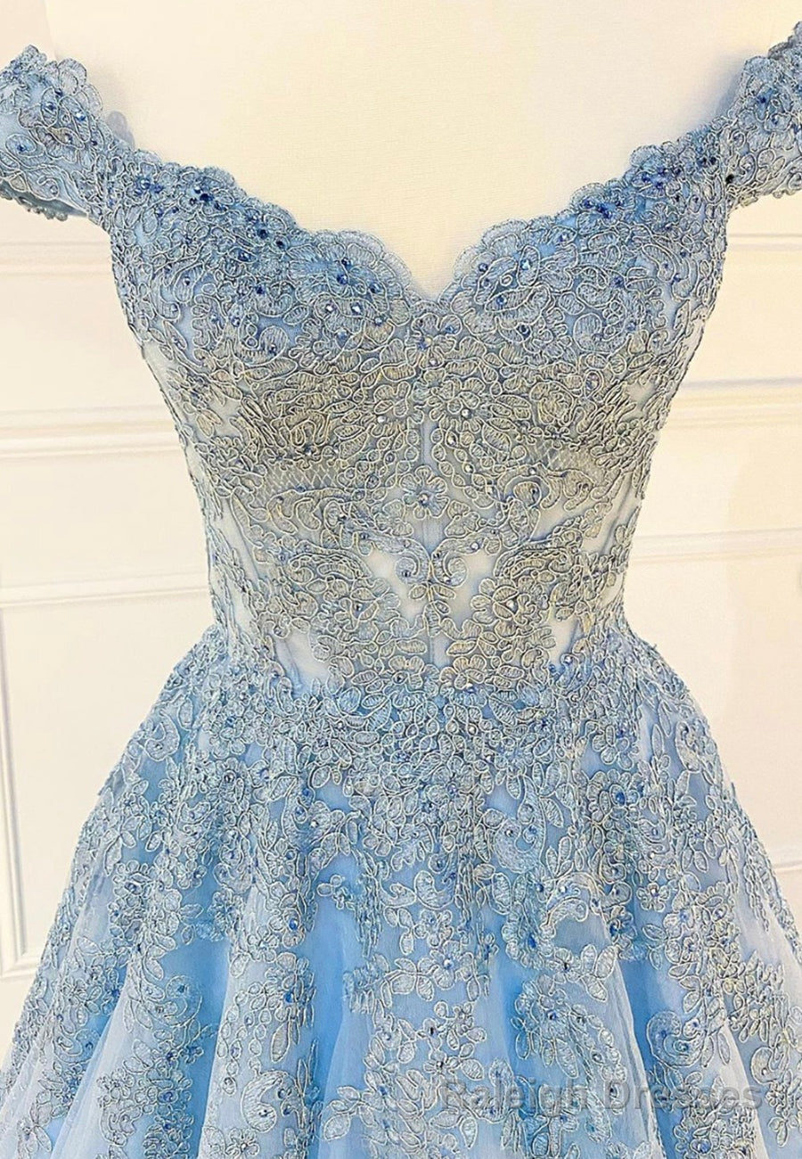 Blue Lace Off the Shoulder Prom Dresses, A Line Prom Dresses