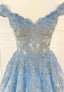Blue Lace Off the Shoulder Prom Dresses, A Line Prom Dresses