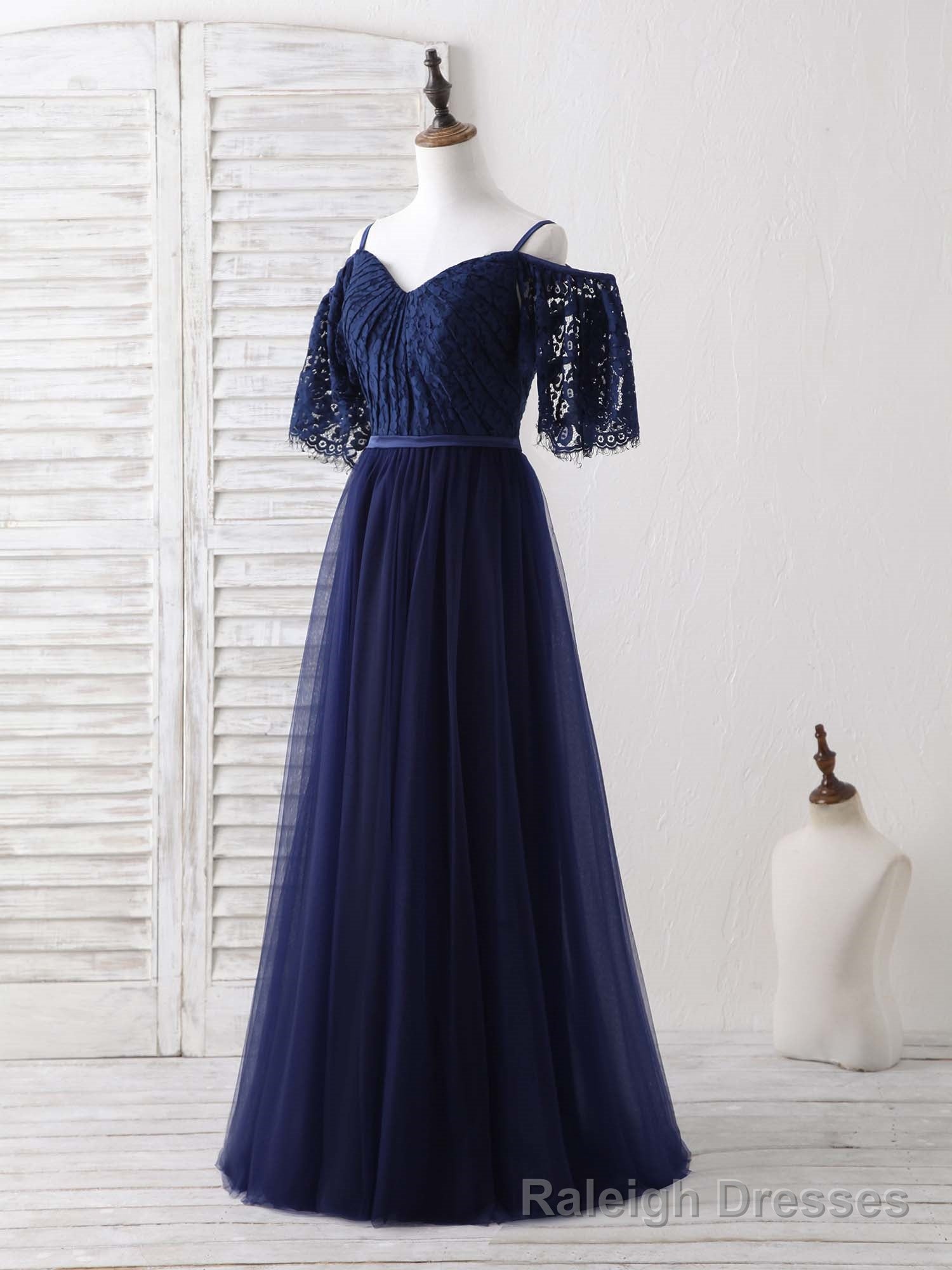 Dark Blue A-Line Lace Tulle Long Prom Dress Blue Evening Dress Main image