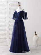Dark Blue A Line Lace Tulle Long Prom Dress Blue Prom Dress