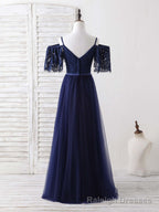 Dark Blue A-Line Lace Tulle Long Prom Dress Blue Evening Dress