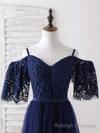 Dark Blue A Line Lace Tulle Long Prom Dress Blue Prom Dress