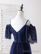 Dark Blue A Line Lace Tulle Long Prom Dress Blue Prom Dress