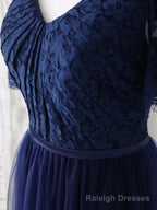 Dark Blue A-Line Lace Tulle Long Prom Dress Blue Evening Dress
