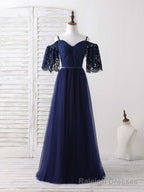 Dark Blue A Line Lace Tulle Long Prom Dress Blue Prom Dress