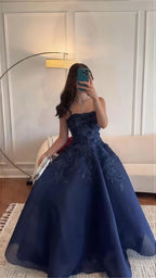 Dark Blue A-Line Prom Dress Strapless Applique Evening Dance Dress