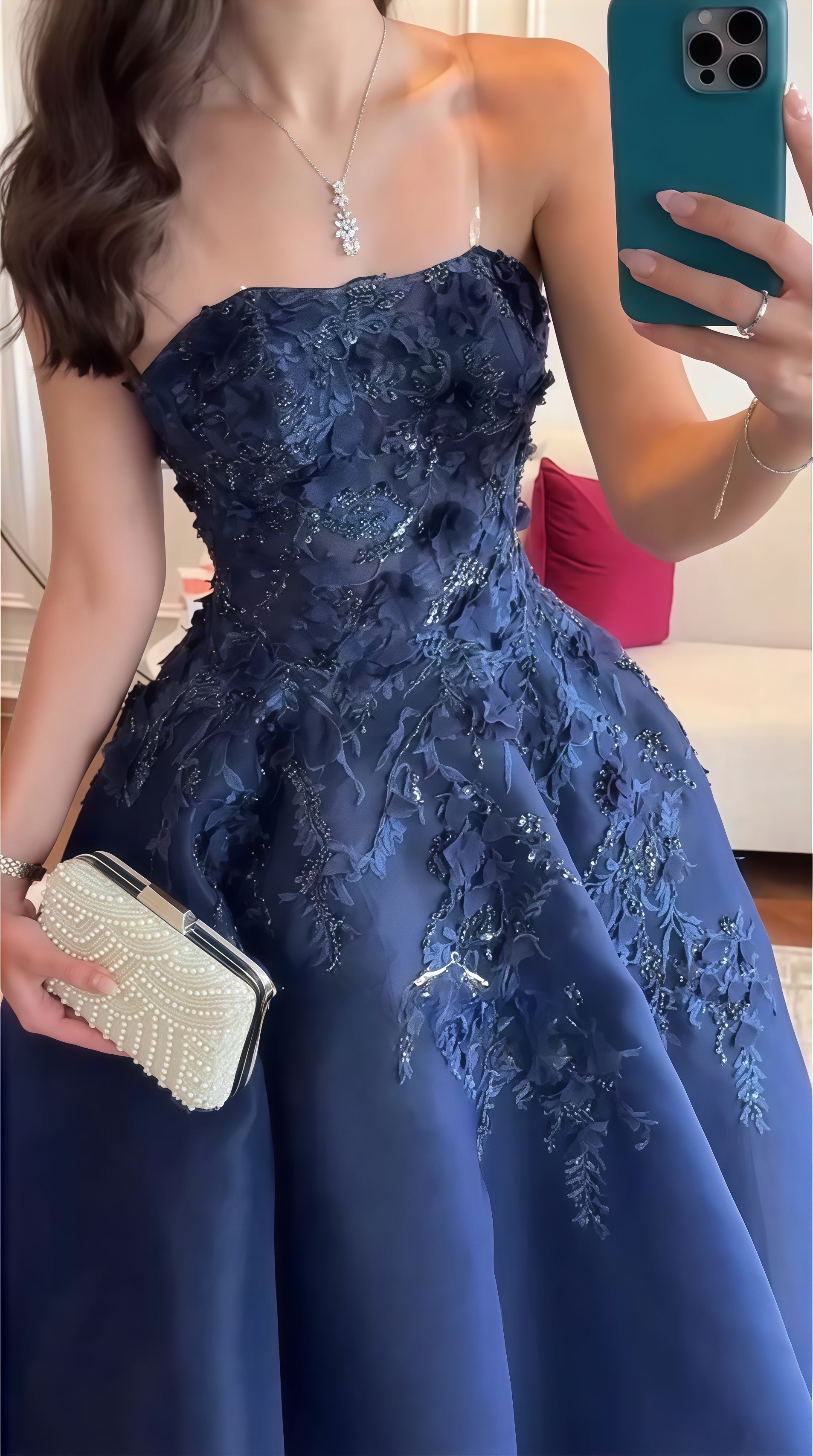 Dark Blue A-Line Prom Dress Strapless Applique Evening Dance Dress