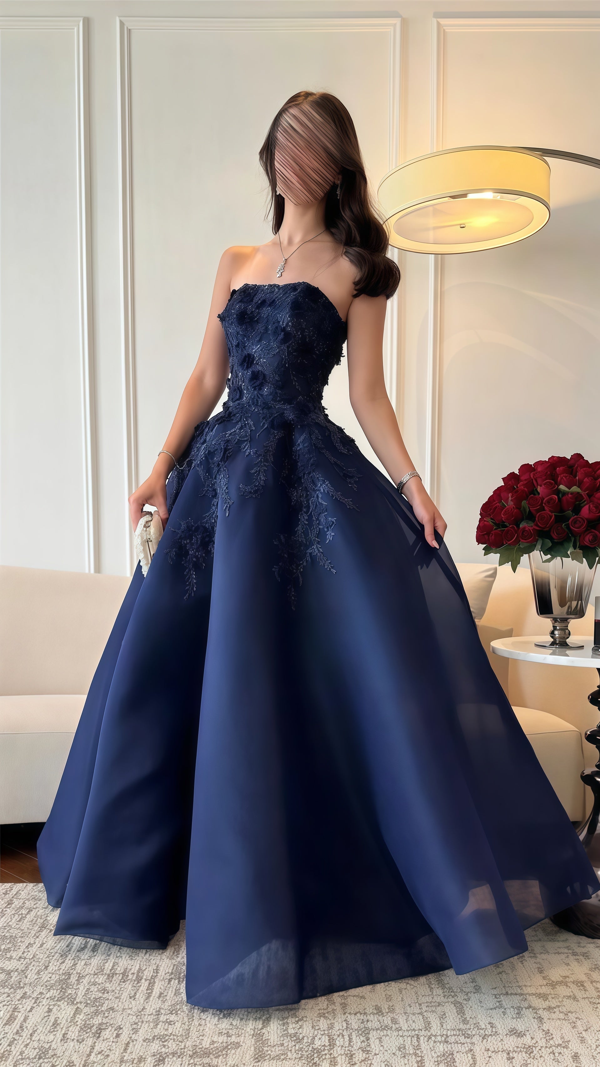 Dark Blue A-Line Prom Dress Strapless Applique Evening Dance Dress Main image