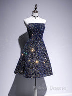 Dark Blue A Line Sequin Lace Short Prom Dresses Blue Homecoming Dresses