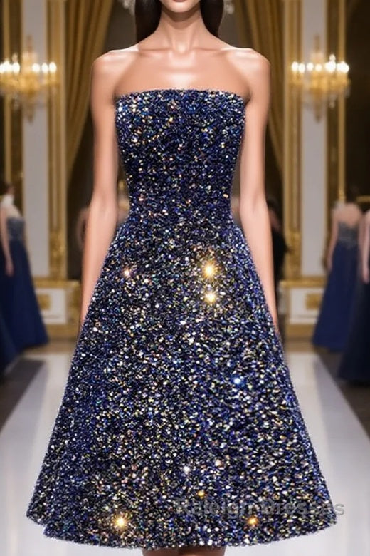 Dark Blue A-Line Sequin Lace Short Prom Dress, Cute Blue Homecoming Dress Main image