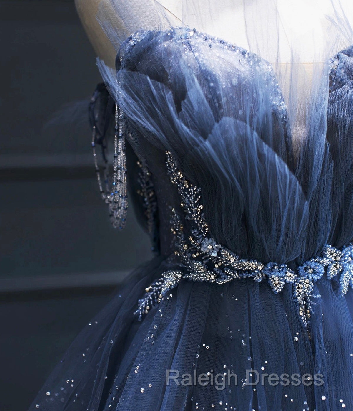 Dark Blue A Line Strapless Beaded Tulle Long Senior Prom Dress Evening Party Dress