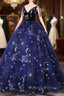 Dark Blue A Line Tulle Lace Long Prom Dress, Dark Blue Long Formal Dress