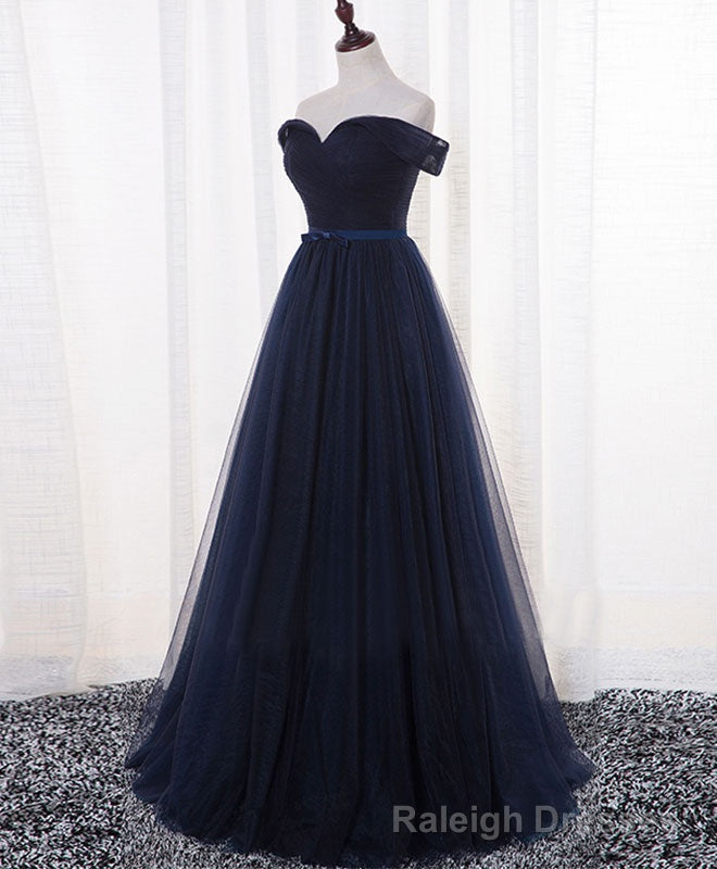 Dark Blue A Line Tulle Long Prom Dress, Evening Dress Main image