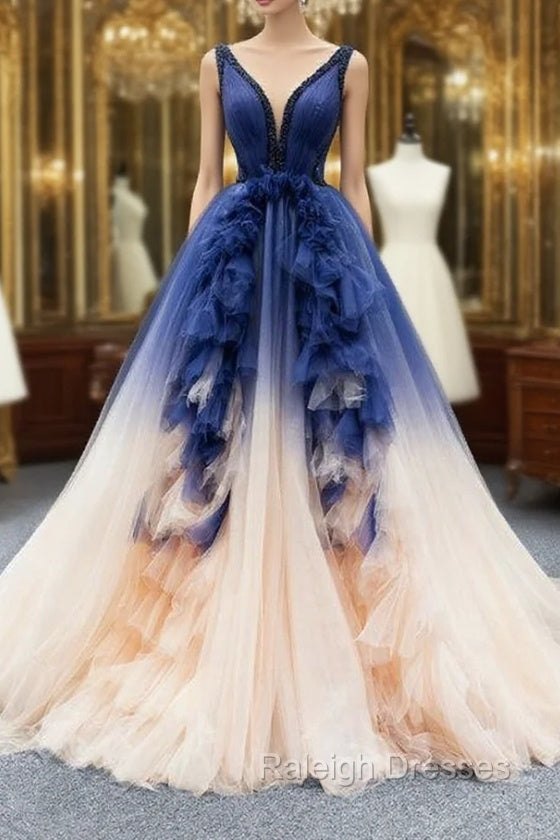 Dark Blue And Champagne Tulle V-neck Backless Beading Prom Dress Main image