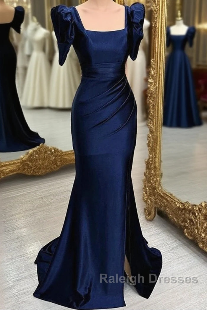 Dark Blue Blue Long Mermaid Prom Dresses With Slit Dark Blue Prom Dresses