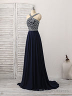 Dark Blue Chiffon Beads Long Prom Dress, Blue Evening Dress