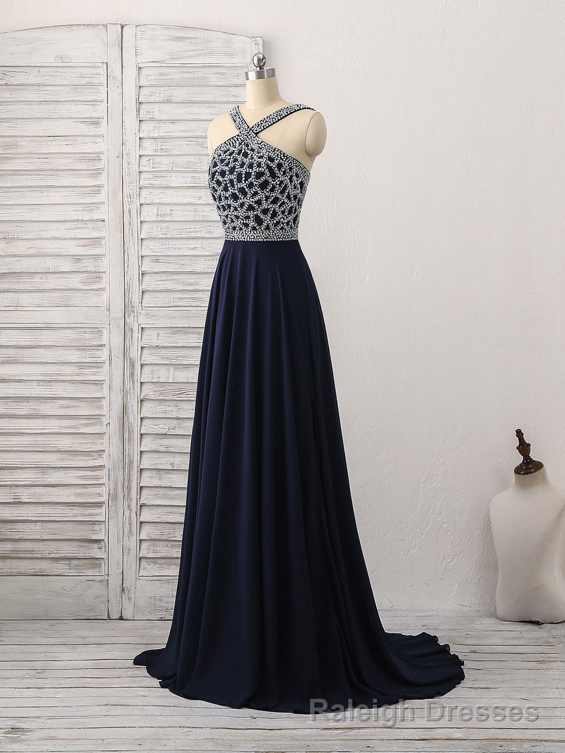 Dark Blue Chiffon Beads Long Prom Dress, Blue Evening Dress
