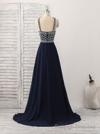 Dark Blue Chiffon Beads Long Prom Dress, Blue Prom Dress