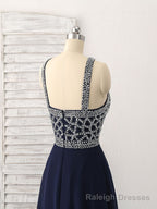 Dark Blue Chiffon Beads Long Prom Dress, Blue Evening Dress