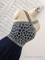 Dark Blue Chiffon Beads Long Prom Dress, Blue Evening Dress