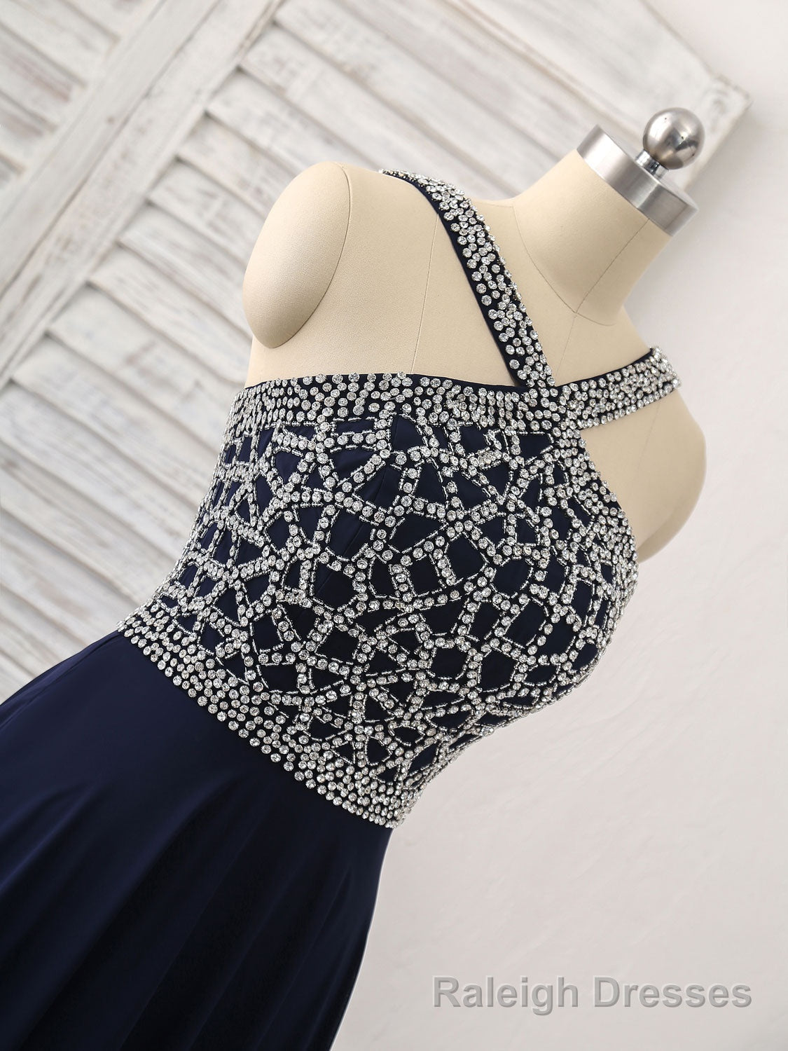 Dark Blue Chiffon Beads Long Prom Dress, Blue Evening Dress