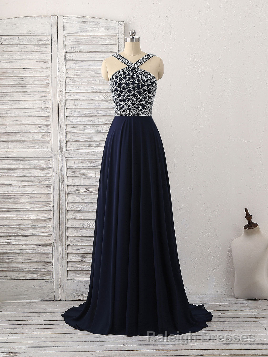 Dark Blue Chiffon Beads Long Prom Dress, Blue Evening Dress Secondary image