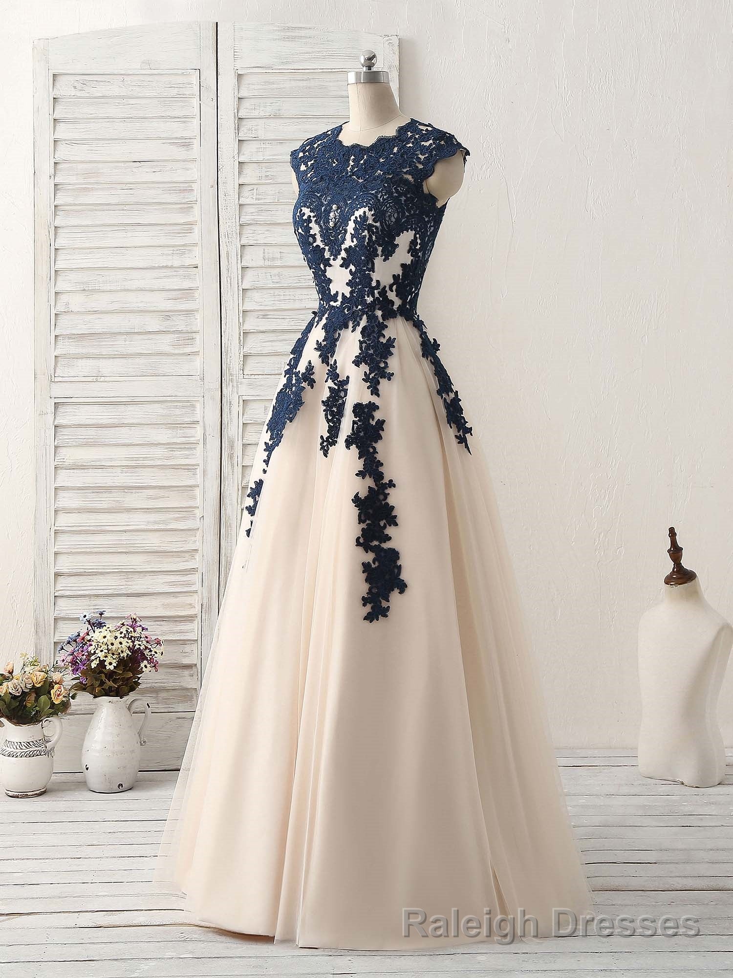 Dark Blue Lace Applique Tulle Long Prom Dress Blue Bridesmaid Dress Secondary image