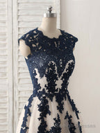Dark Blue Lace Applique Tulle Long Prom Dress Blue Bridesmaid Dress
