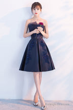 Dark Blue Lace Satin Short Prom Dress, Blue Cocktail Dress