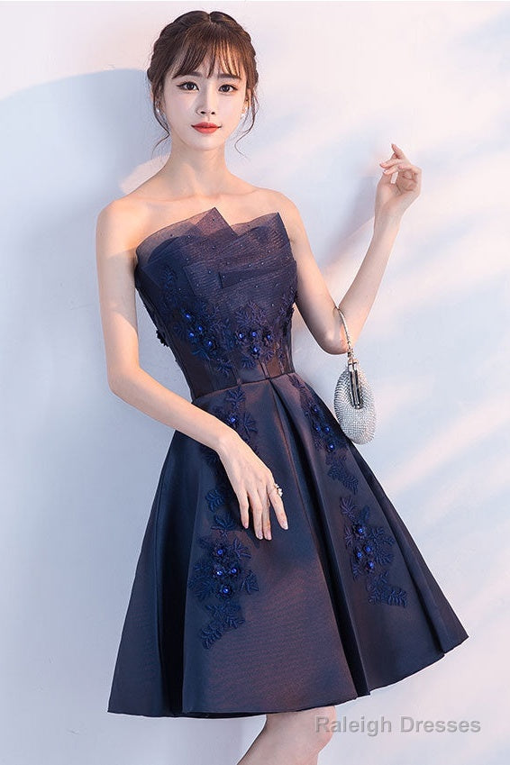 Dark Blue Lace Satin Short Prom Dress, Blue Cocktail Dress