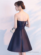 Dark Blue Lace Satin Short Prom Dress, Blue Cocktail Dress