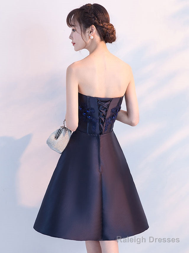 Dark Blue Lace Satin Short Prom Dress, Blue Cocktail Dress