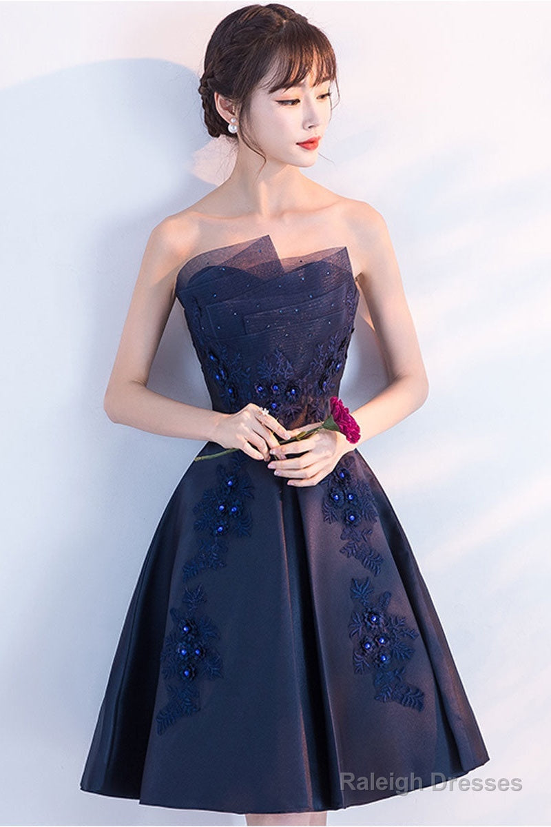 Dark Blue Lace Satin Short Prom Dress, Blue Cocktail Dress