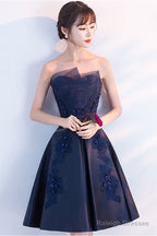 Dark Blue Lace Satin Short Prom Dresses Blue Cocktail Dresses