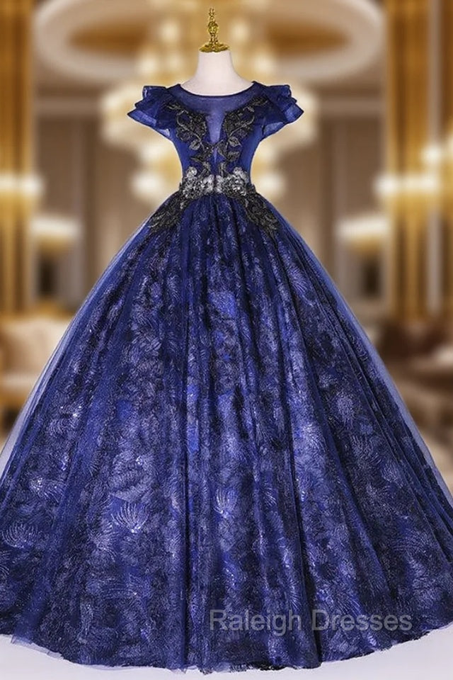 Dark Blue Lace Tulle Appliques Quinceanera Dress