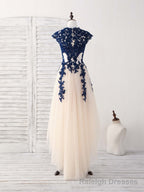 Dark Blue Lace Tulle High Low Prom Dress Blue Bridesmaid Dress