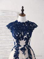 Dark Blue Lace Tulle High Low Prom Dress Blue Bridesmaid Dress