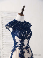 Dark Blue Lace Tulle High Low Prom Dress Blue Bridesmaid Dress