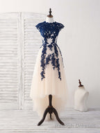 Dark Blue Lace Tulle High Low Prom Dress Blue Bridesmaid Dress