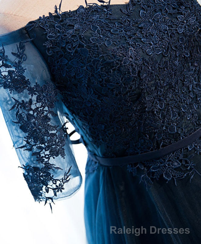Dark Blue Lace Tulle Long Prom Dress, Lace Evening Dress Secondary image