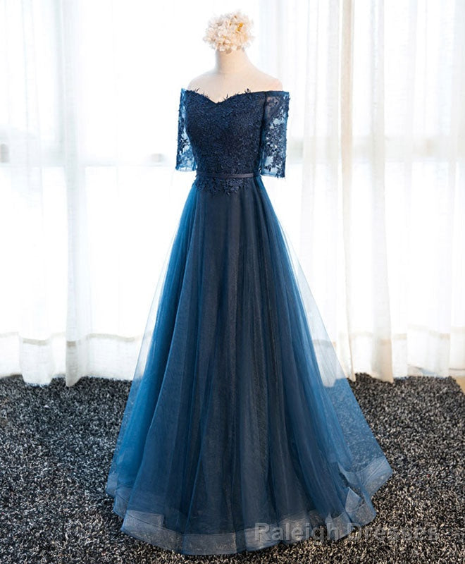 Dark Blue Lace Tulle Long Prom Dress, Lace Evening Dress Main image