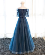 Dark Blue Lace Tulle Long Prom Dress, Lace Prom Dress