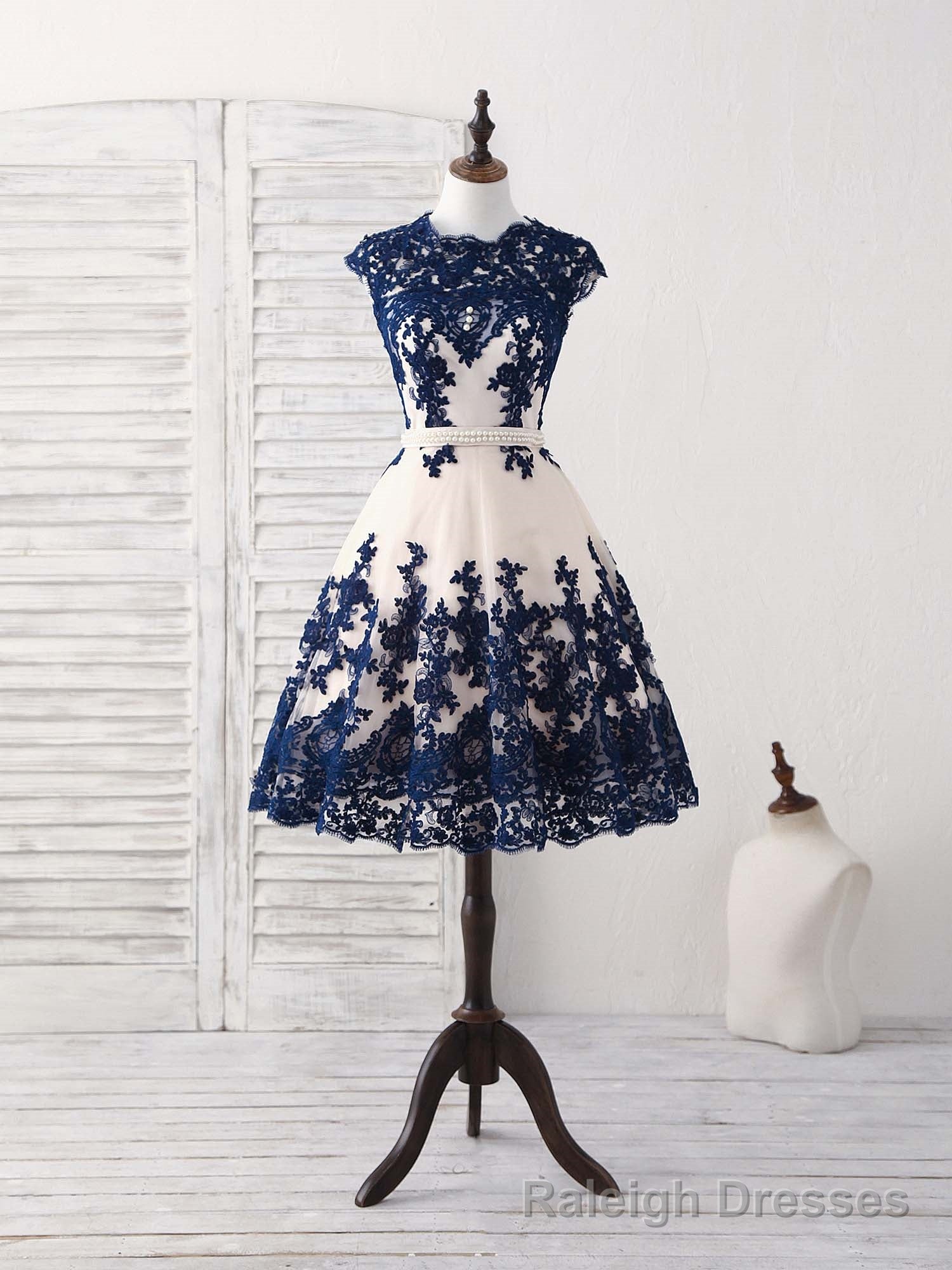 Dark Blue Lace Tulle Short Prom Dress Blue Bridesmaid Dress Main image