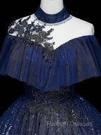 Dark Blue Long Prom Dresses Blue Tulle Prom Gown Graduation Dress