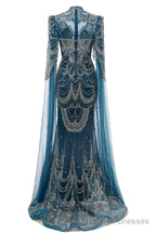 Dark Blue Mermaid Prom Dresses Beading Tulle Women Luxury Evening Dresses High Neck Long Sleeves